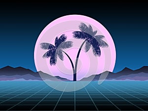 Glowing neon, synthwave and retrowave background template. Retro video games, futuristic design, rave music, 80s