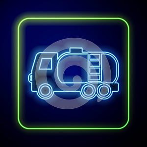 Glowing neon Tanker truck icon isolated on blue background. Petroleum tanker, petrol truck, cistern, oil trailer. Vector
