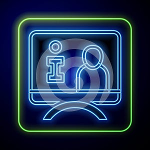 Glowing neon Television report icon isolated on blue background. TV news. Vector