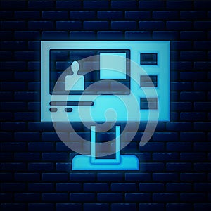 Glowing neon Television report icon isolated on brick wall background. TV news. Vector