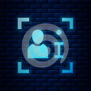 Glowing neon Television report icon isolated on brick wall background. TV news. Vector