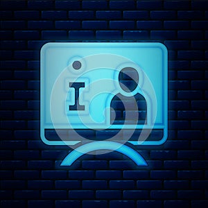 Glowing neon Television report icon isolated on brick wall background. TV news. Vector