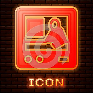 Glowing neon Television report icon isolated on brick wall background. TV news. Vector