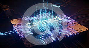 Glowing neon text 'connect' on a futuristic circuit board with binary code