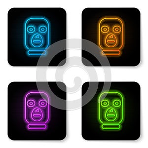 Glowing neon Thief mask icon isolated on white background. Bandit mask, criminal man. Black square button. Vector