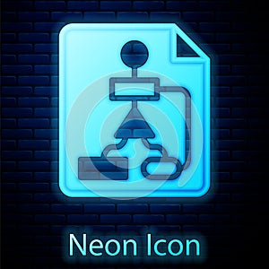 Glowing neon Tile flowchart for program design or process management plan icon isolated on brick wall background. Block