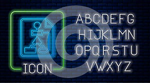 Glowing neon Tile flowchart for program design or process management plan icon isolated on brick wall background. Block