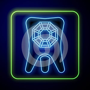 Glowing neon Tooth with diamond icon isolated on blue background. Vector