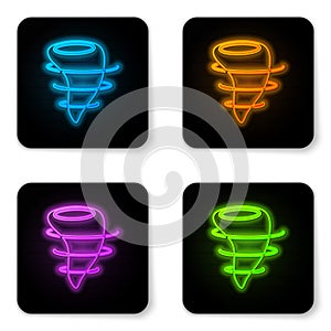 Glowing neon Tornado icon isolated on white background. Black square button. Vector Illustration