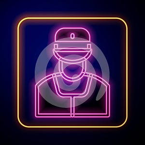 Glowing neon Train conductor icon isolated on black background. Vector