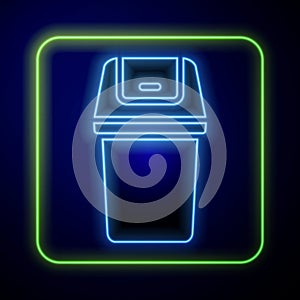 Glowing neon Trash can icon isolated on blue background. Garbage bin sign. Recycle basket icon. Office trash icon
