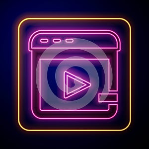 Glowing neon Video advertising icon isolated on black background. Concept of marketing and promotion process. Responsive