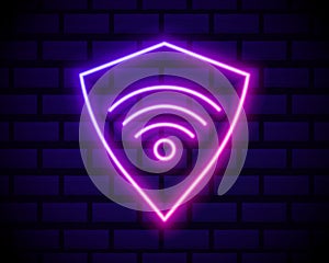 Glowing neon VPN Network connection icon isolated on dark brick wall background. Social technology. Cloud computing concept.