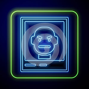 Glowing neon Wanted poster icon isolated on blue background. Reward money. Dead or alive crime outlaw. Vector