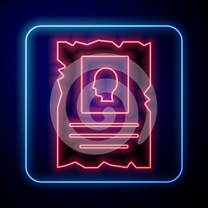 Glowing neon Wanted western poster icon isolated on blue background. Reward money. Dead or alive crime outlaw. Vector