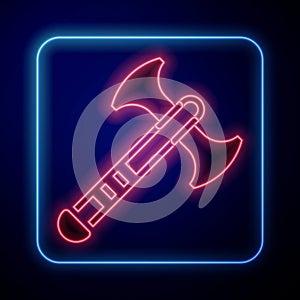 Glowing neon War axe icon isolated on blue background. Battle axe, executioner axe. Medieval weapon. Vector