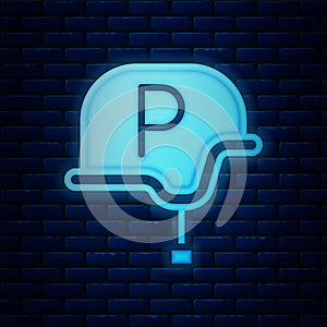 Glowing neon War journalist correspondent icon isolated on brick wall background. Live news. Vector