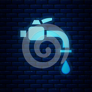 Glowing neon Water tap icon isolated on brick wall background. Vector Illustration