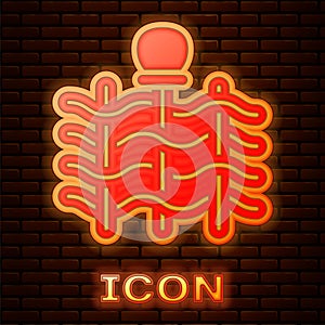 Glowing neon Wicker fence of thin rods with old clay jars icon isolated on brick wall background. Vector