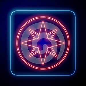 Glowing neon Wind rose icon isolated on black background. Compass icon for travel. Navigation design. Vector