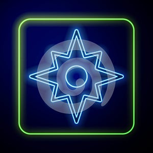 Glowing neon Wind rose icon isolated on blue background. Compass icon for travel. Navigation design. Vector