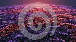 Glowing neon wireframe digital landscape background