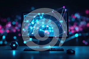 Glowing network of data connections on a computer screen. Abstract visualization of big data and artificial intelligence