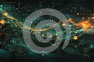 Glowing network of data streams and nodes on a dark background, representing AI and big data.