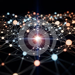 Glowing network of interconnected nodes and lines in darkness