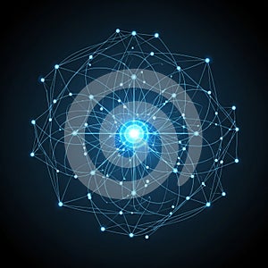 A glowing network of interconnected points and lines forms a spherical shape on a