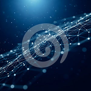 Glowing network nodes and connecting lines represent data flow and abstract technology concepts