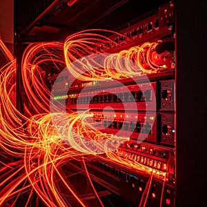 Glowing Network Server Rack Light Trails