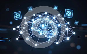 Glowing neural network brain connected to digital icons