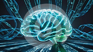 glowing neural network forms brain like structure, surrounded by flowing binary code, symbolizing advanced technology and