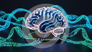 glowing neural network forms brain like structure, surrounded by flowing binary code, symbolizing advanced technology and