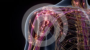 glowing neural network in human shoulder anatomy visualization