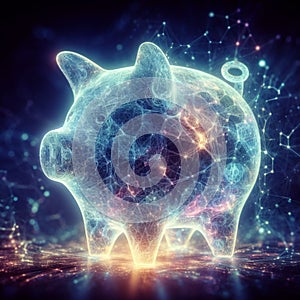 glowing neural virtual digital piggy bank for crypto digital currency and cbdc - digital money concept