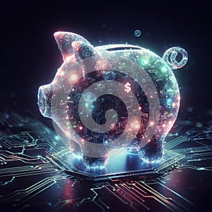 glowing neural virtual digital piggy bank for crypto digital currency and cbdc - digital money concept