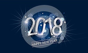 Glowing New Year banner with silver inscription 2018, stars and glitter. Vector illustration.