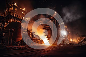 Glowing night view of a large steel mill with fiery sparks and molten metal pouring\