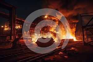 Glowing night view of a large steel mill with fiery sparks and molten metal pouring\