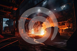 Glowing night view of a large steel mill with fiery sparks and molten metal pouring\