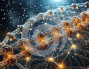 Abstract digital image depicting a secure, interconnected blockchain network with glowing nodes