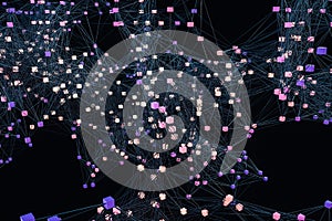 Glowing nodes with variational lines, 3d rendering