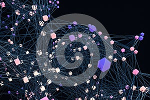 Glowing nodes with variational lines, 3d rendering