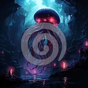 Glowing Octopus In Dark Fantasy Landscape