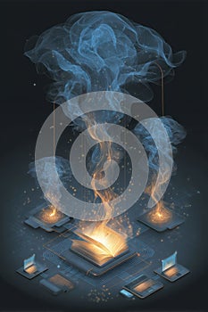 Futuristic concept of knowledge sharing with glowing book and technology interface