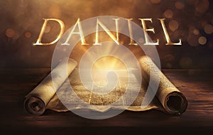 Glowing open scroll parchment revealing the book of the Bible. Book of Daniel
