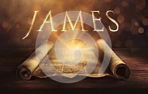 Glowing open scroll parchment revealing the book of the Bible. Book of James