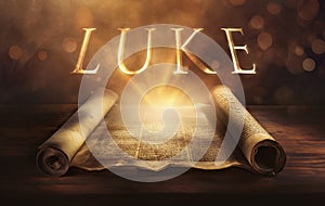 Glowing open scroll parchment revealing the book of the Bible. Book of Luke